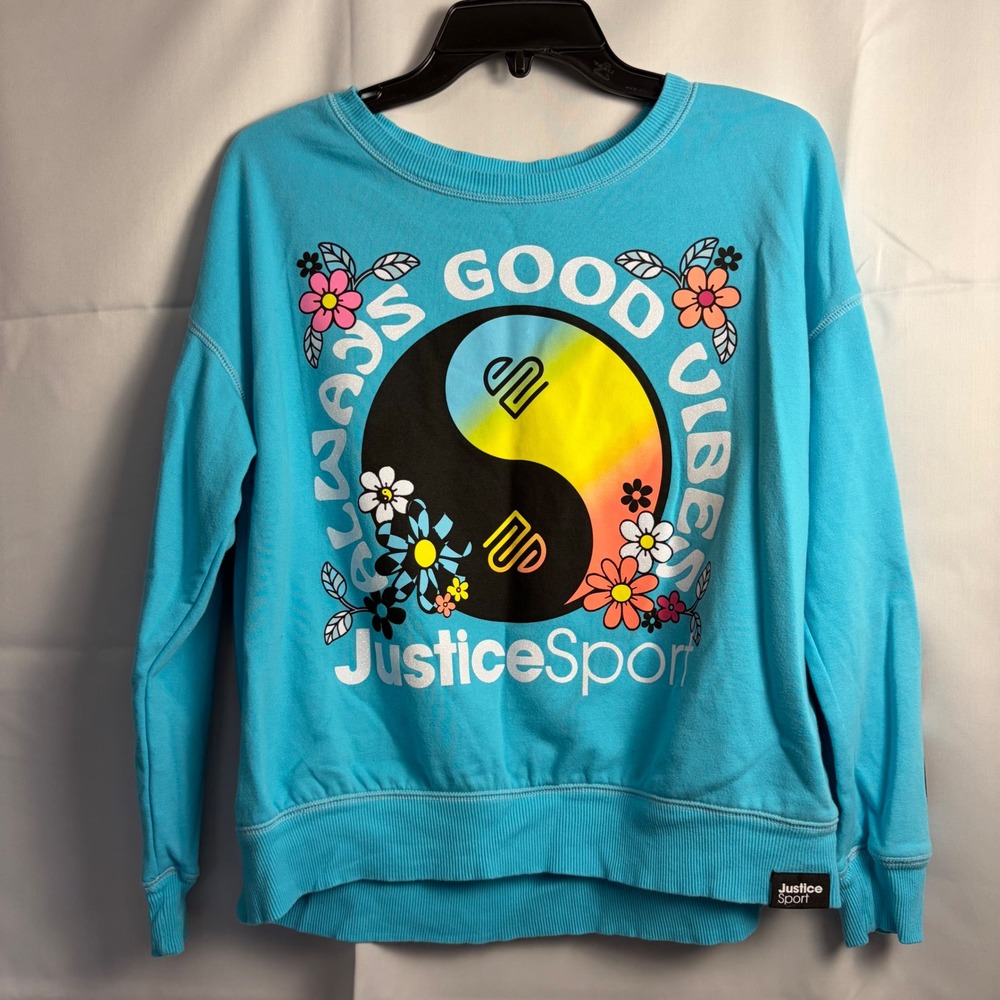 Justice Sport Girls Turquoise Always Good Vibes Yin Yang Sweatshirt Size L 12/14